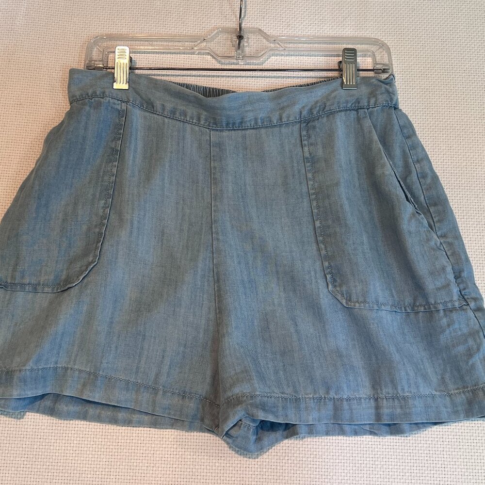 Japna Chambray Viscose Lightweight Pull On Elastic Waist Shorts Pockets Medium